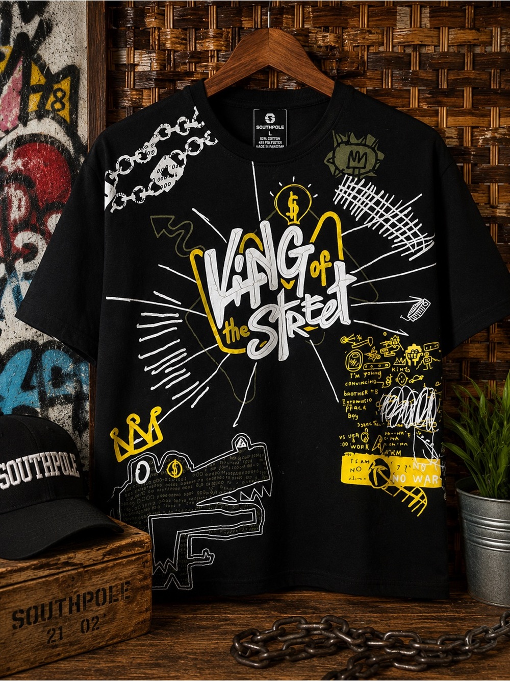 South Pole Black Tee with White & Yellow Graphic